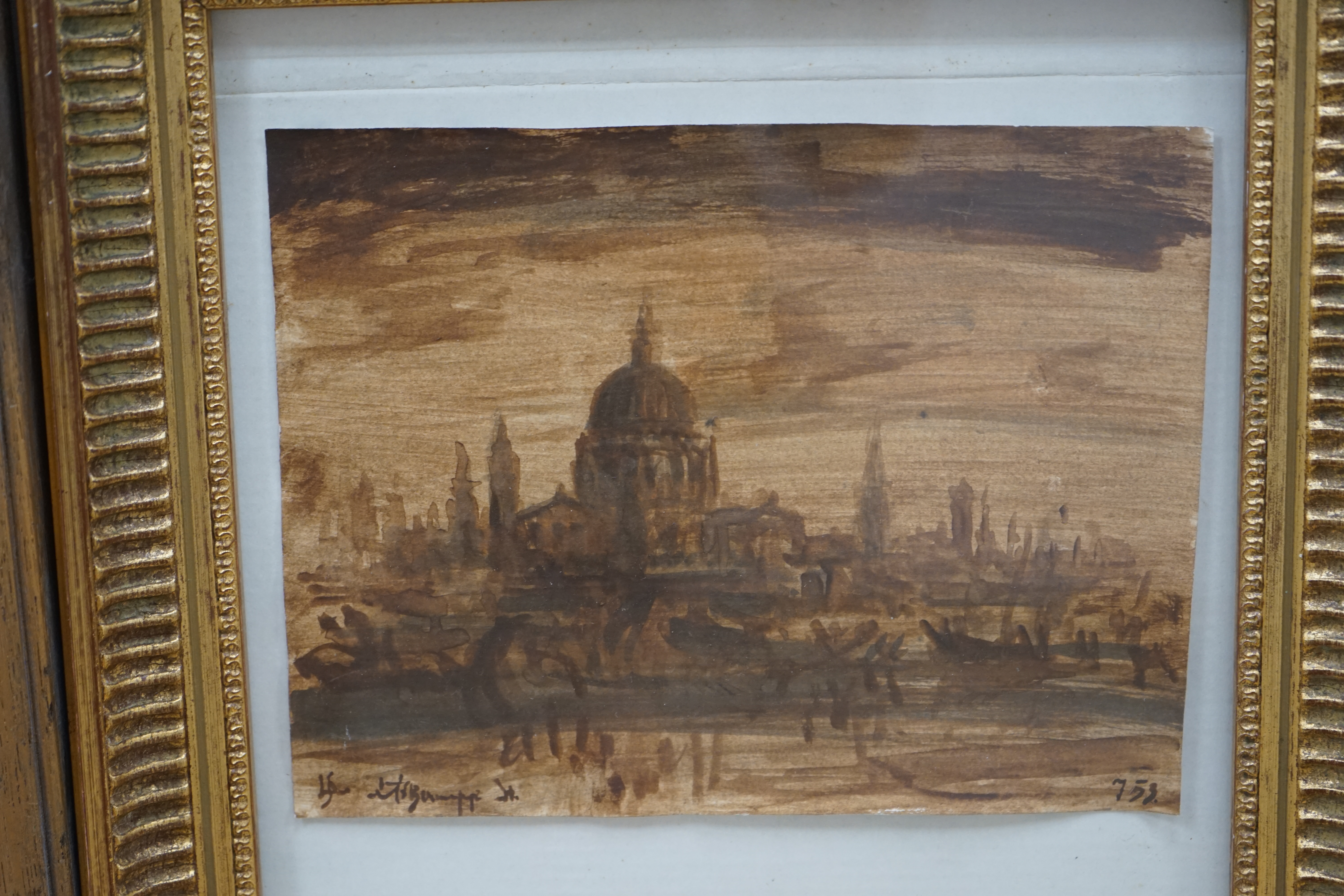 Early 20th century, oil on canvas, 'Ruins before Mount Vesuvius', indistinctly signed and dated A Moyoe?, 1900, together with a sepia watercolour, largest 28 x 19cm. Condition - fair